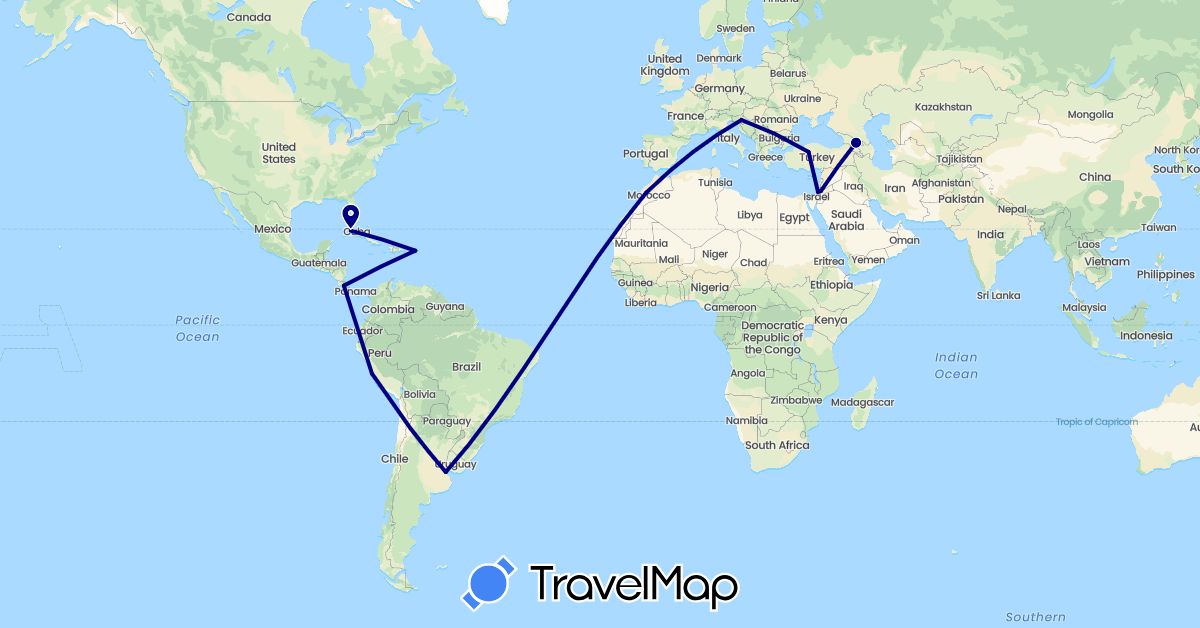 TravelMap itinerary: driving in Argentina, Costa Rica, Cuba, Georgia, Croatia, Israel, Jordan, Morocco, Peru, Turkey, United States (Africa, Asia, Europe, North America, South America)